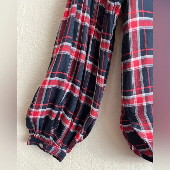 Ann Taylor LOFT Womens Plaid Red/Black/White Pleats Sleeve Button Down Blouse XS - Picture 3 of 8
